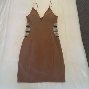 Stretchy Beige Windsor Dress with Side Rhinestone Cut Outs